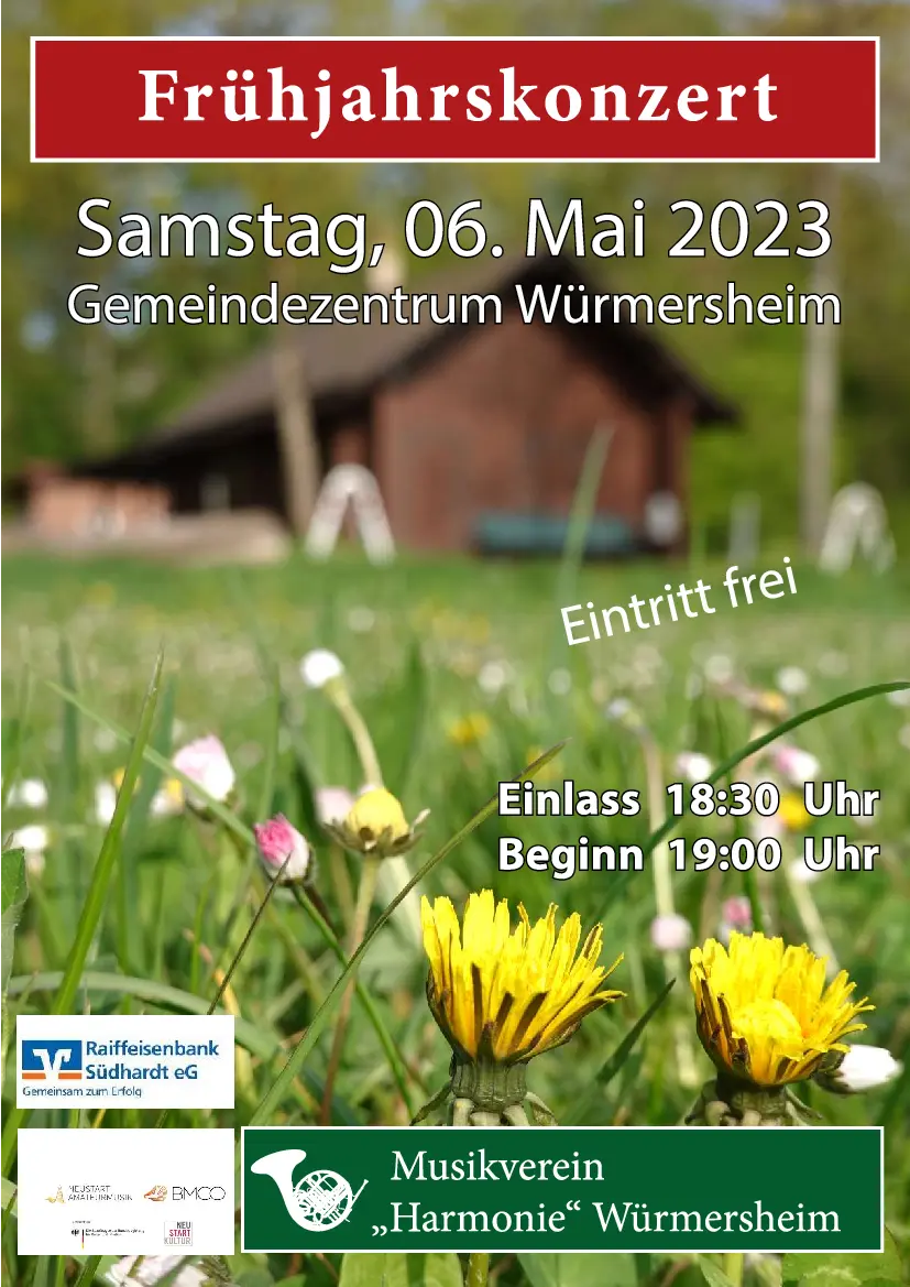 Frühjahrskonzert 2023 im Gemeindezentrum Würmersheim, Beginn 19:00 Uhr, Eintritt frei